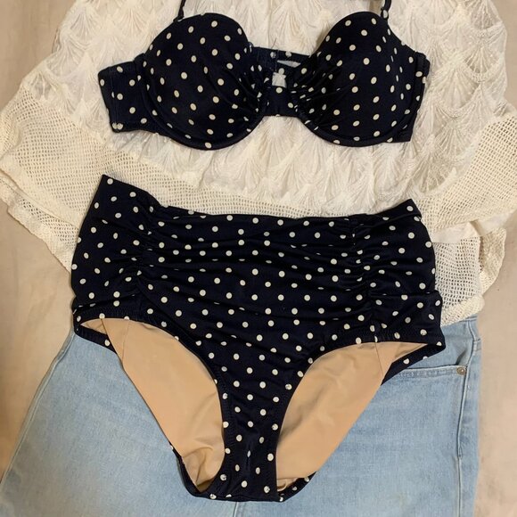 JCrew Navy Polka Dot High Waisted Bikini - Picture 2 of 2
